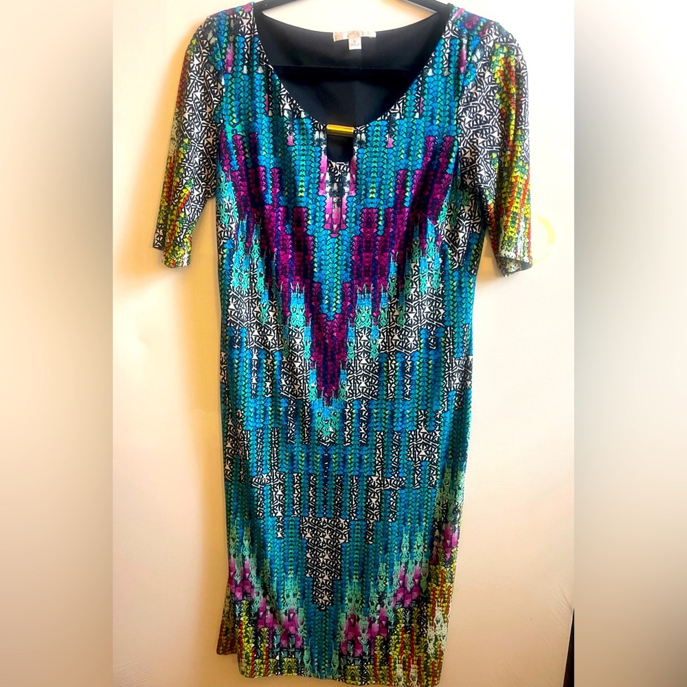 London Times Multi colored 3/4 Sleeve Silky Dress